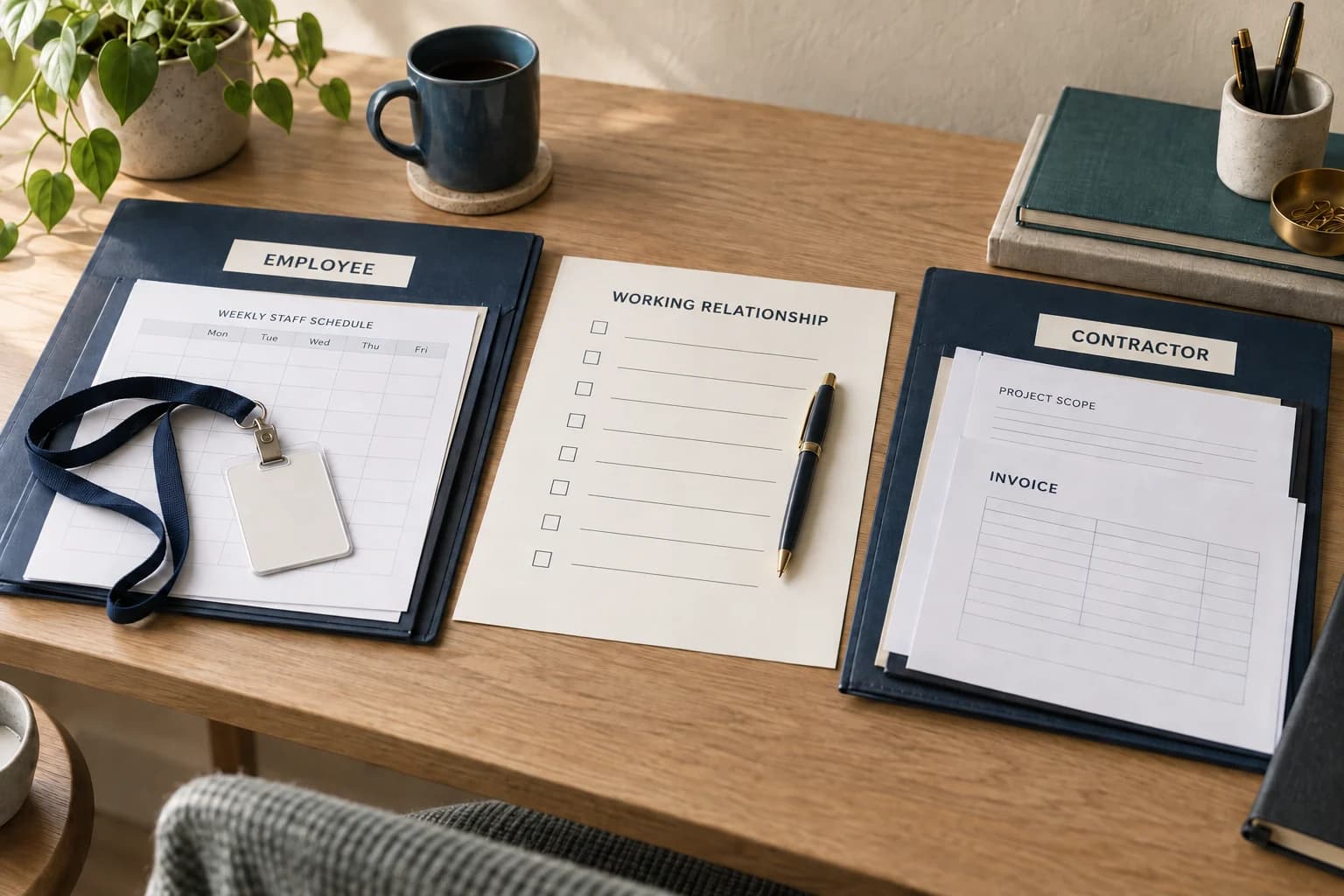 Employee and contractor records sit beside a working-relationship checklist for classification review.
