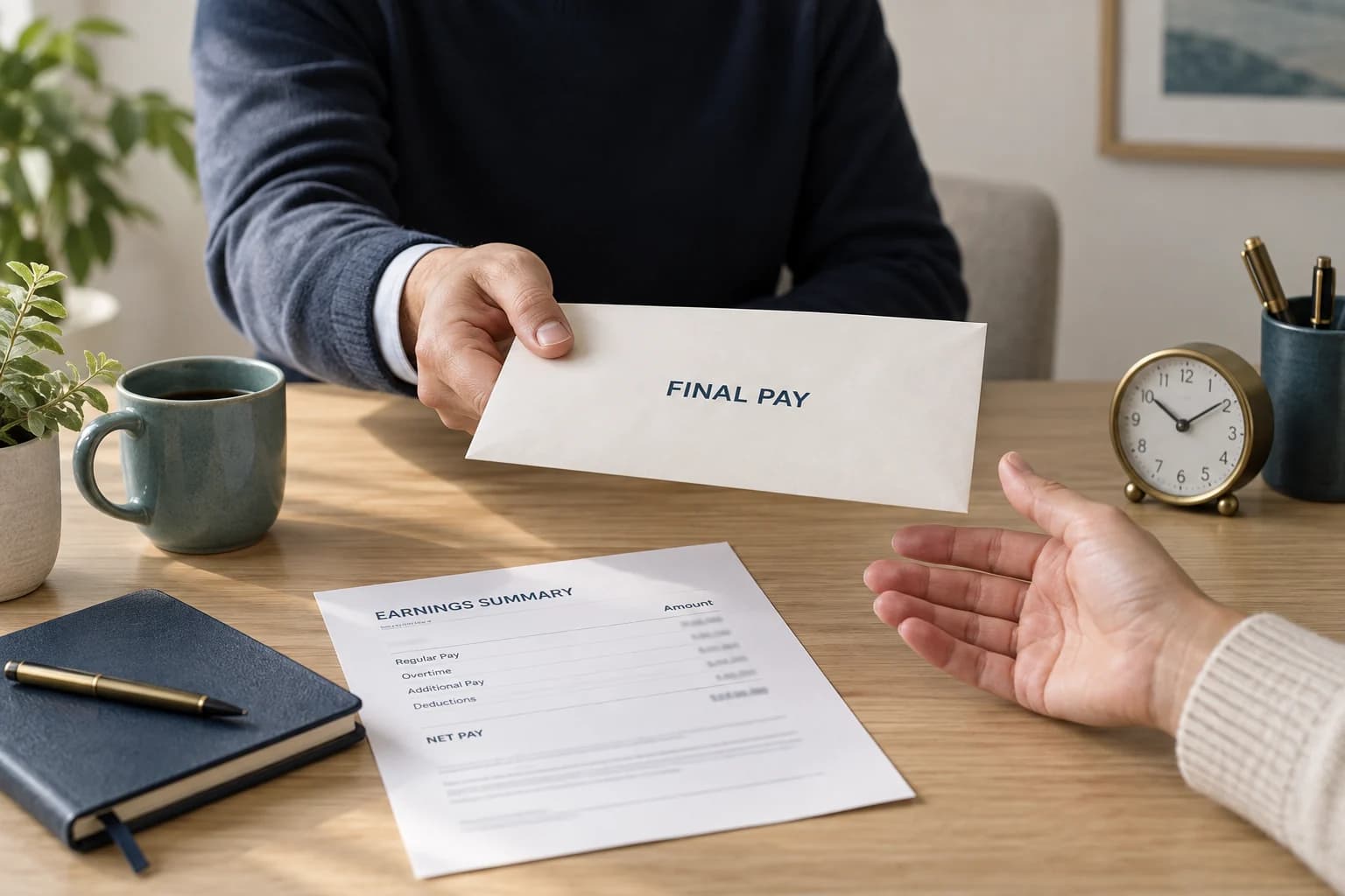 A final-pay envelope is handed to an employee beside an earnings summary and desk clock.