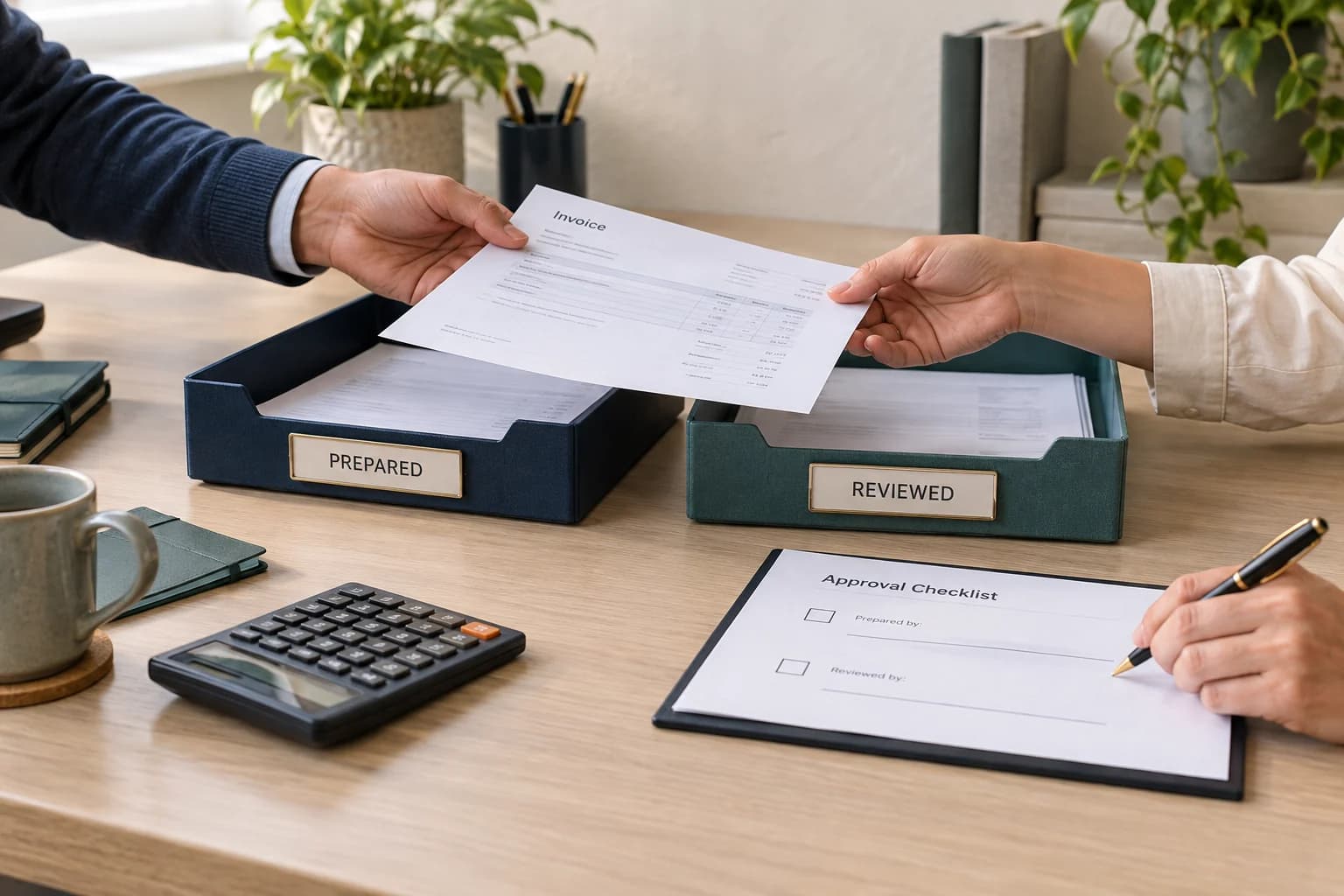 Two people handle separate preparation and review steps for an invoice and approval checklist.