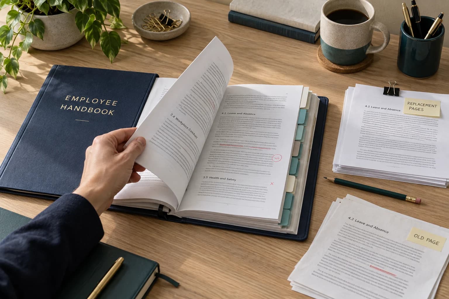 An employee handbook is revised with page tabs, pencil edits and replacement pages.