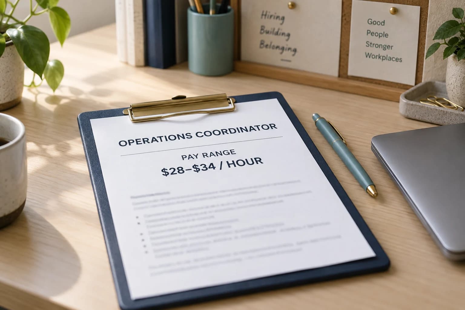 A sample job posting displays an operations-coordinator role and a clear hourly pay range.