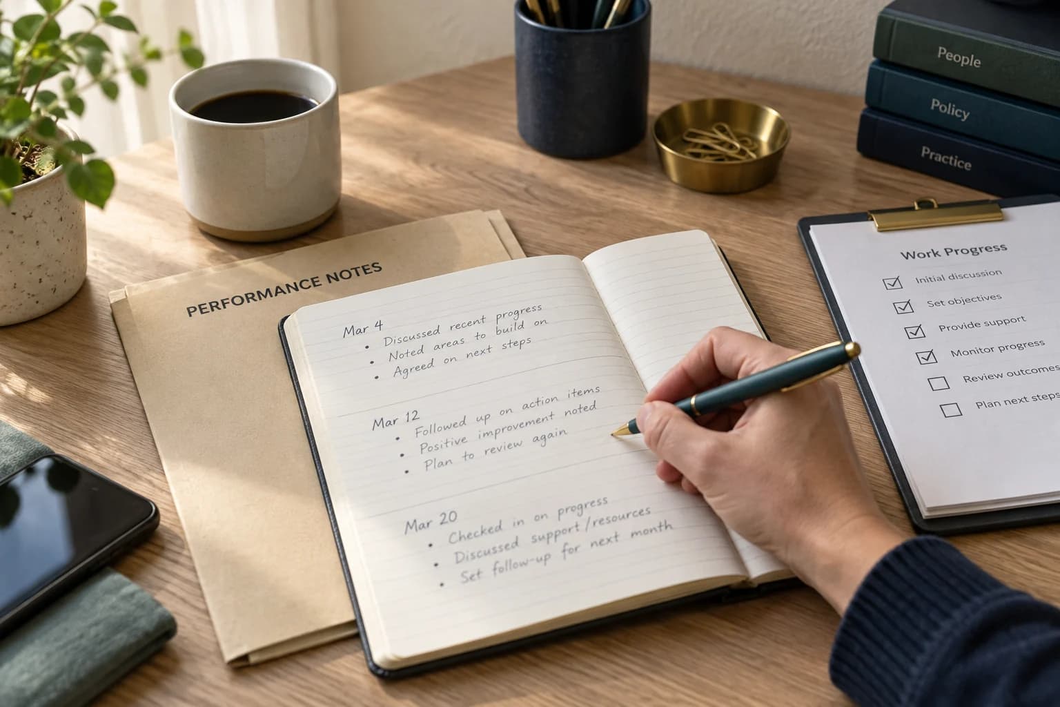 A manager records performance notes beside a work checklist and follow-up records.