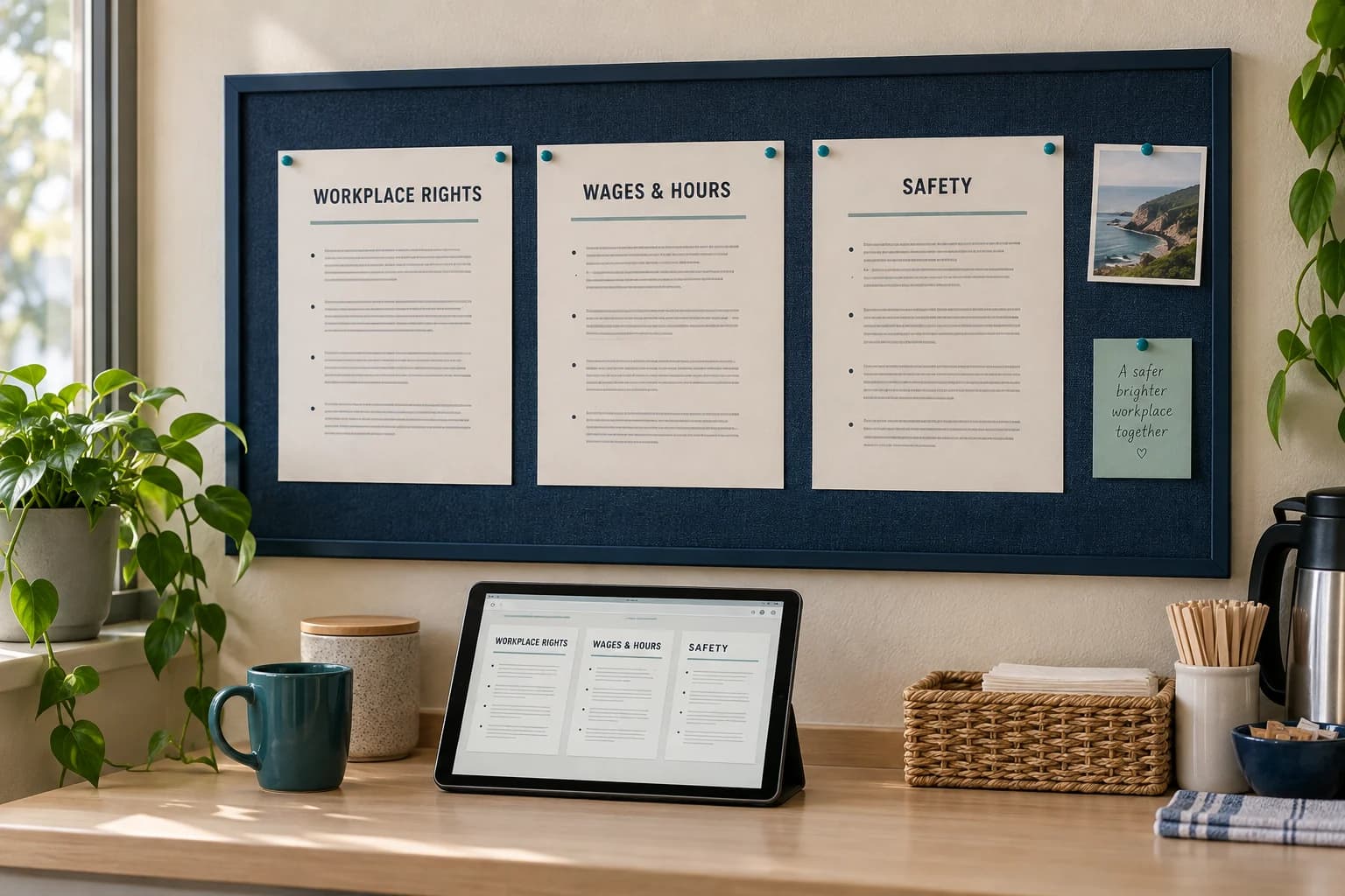 Workplace-rights, wage-and-hour and safety notices appear on an employee noticeboard and a tablet.