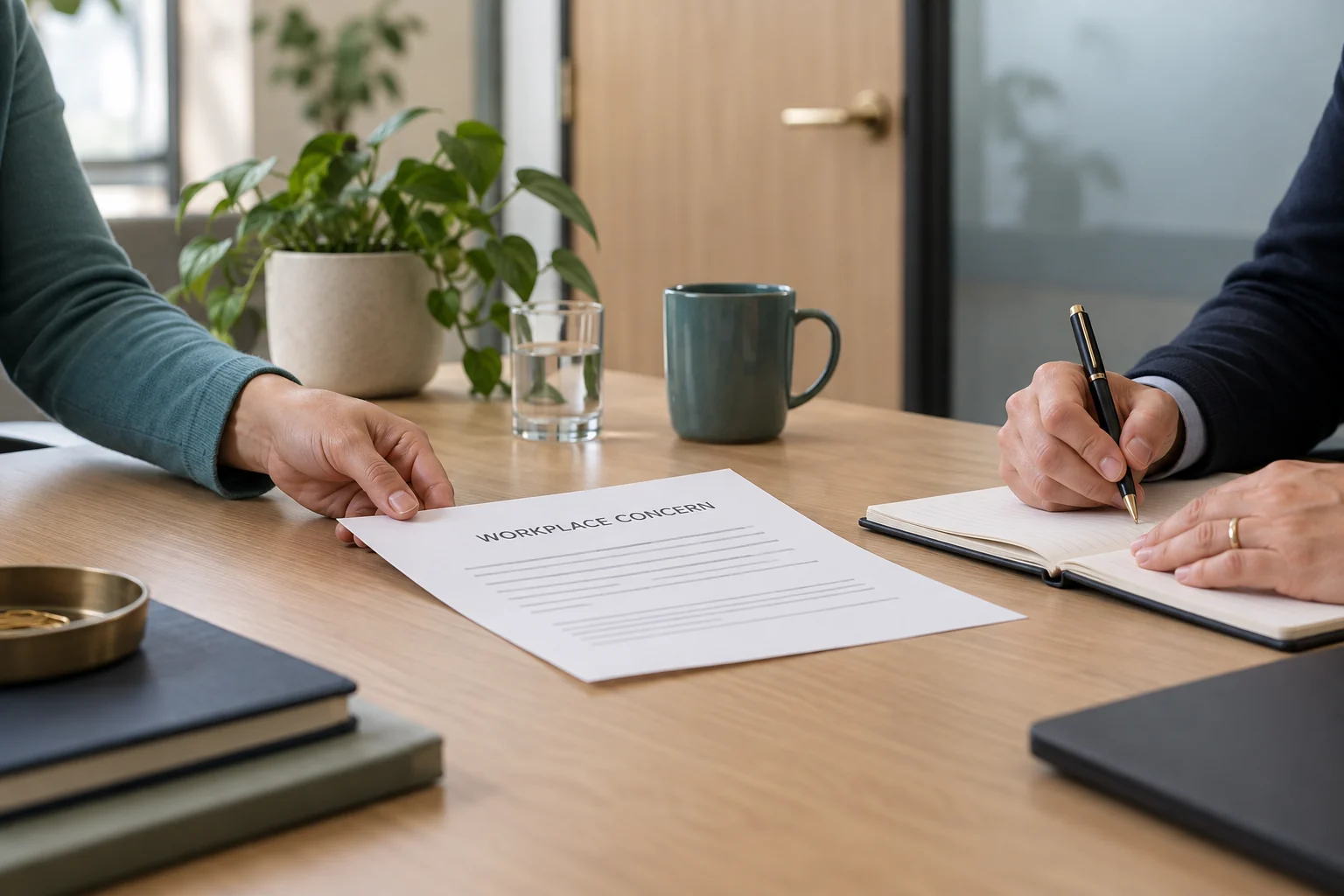 An employee shares a written workplace concern while a listener takes notes in a private meeting.