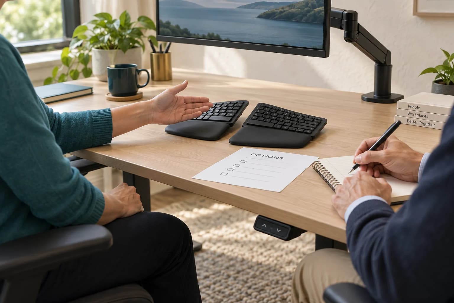 An employee and manager discuss workstation adjustments and record possible accommodation options.