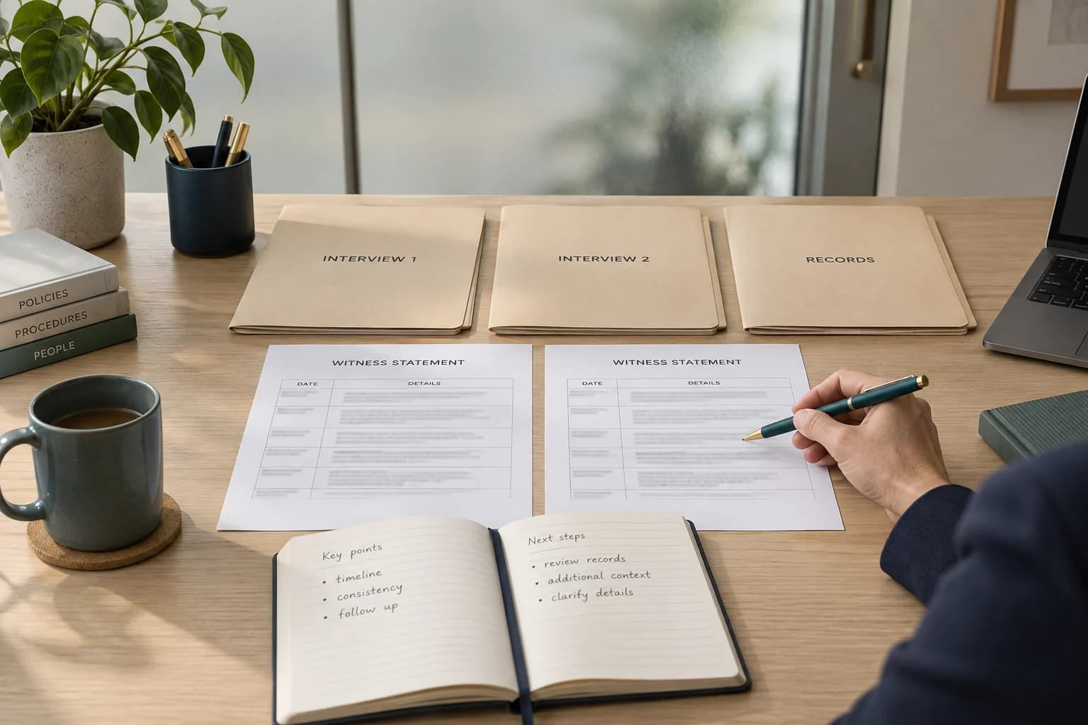 An investigator compares interview notes with workplace records, giving each source equal attention.
