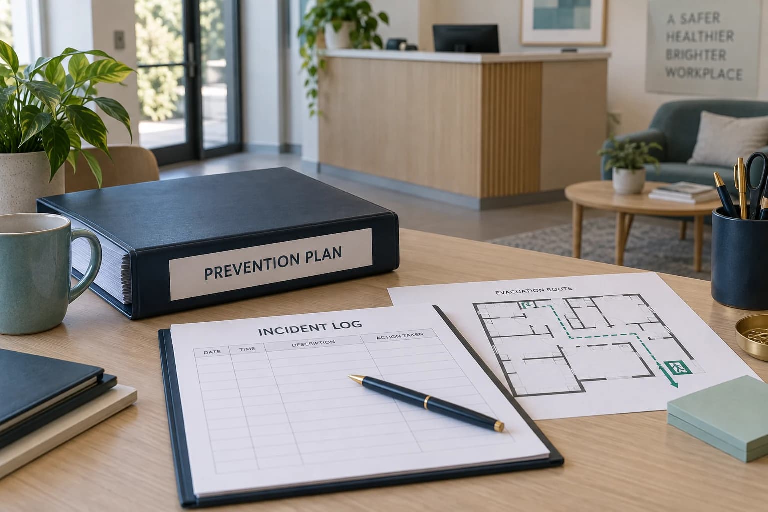 A workplace prevention-plan binder, incident log and office floor plan laid out for review.